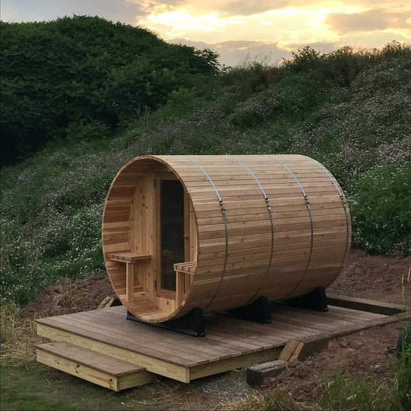 Huntington 4-6 Person Canopy Barrel Sauna in Rustic Cedar