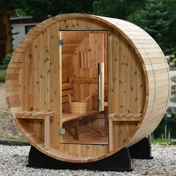 Vienna 2 Person Canopy Barrel Sauna in Rustic Cedar