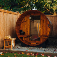 Vienna 2 Person Canopy Barrel Sauna in Rustic Cedar