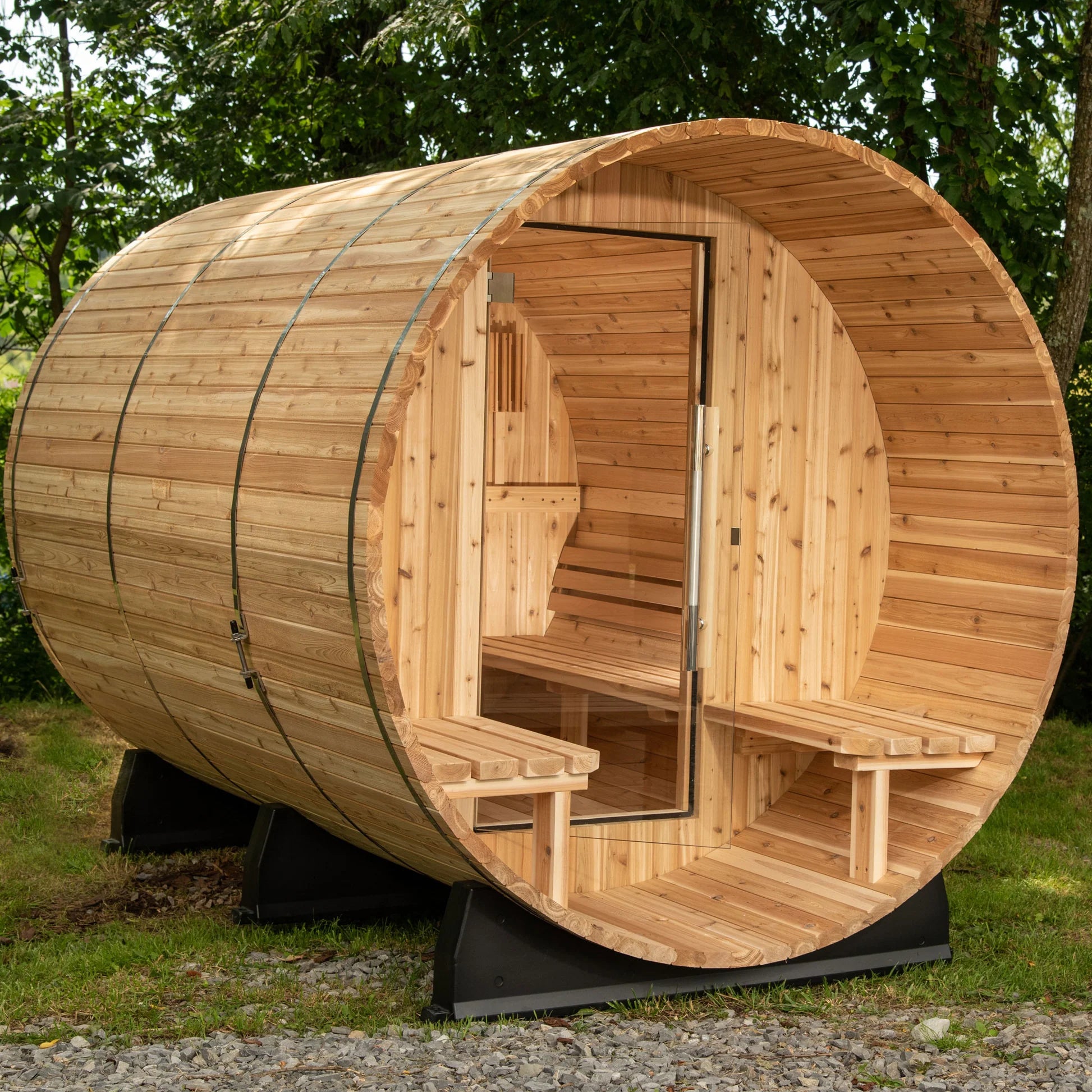 Charleston 4 Person Canopy Barrel Sauna in Rustic Cedar