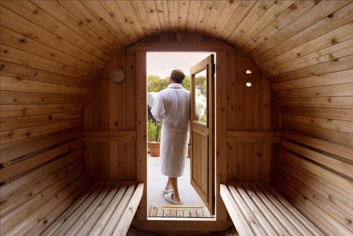 Pinnacle 4 Person Barrel Sauna in Rustic Cedar