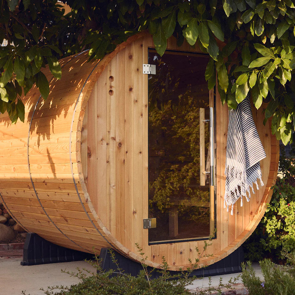 Pinnacle 4 Person Barrel Sauna in Rustic Cedar
