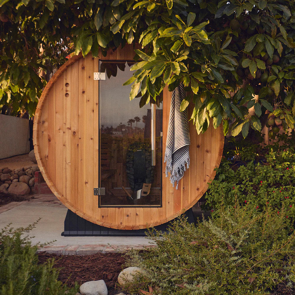 Pinnacle 4 Person Barrel Sauna in Rustic Cedar