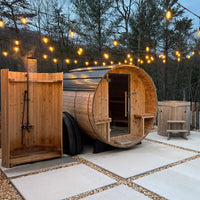Grandview 4-6 Person Canopy Barrel Sauna in Rustic Cedar
